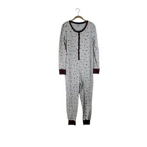 LL Bean Union Suit Gray Waffle Floral One Piece Thermal Pajama Womens Size Large